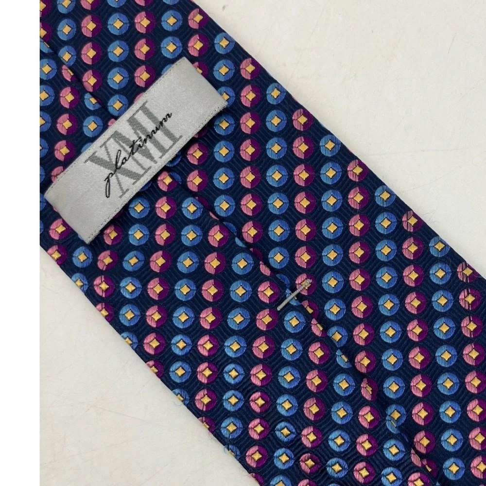 XMI Platinum Necktie Mens OS Blue Purple Silk Geometric Hand Made USA 58